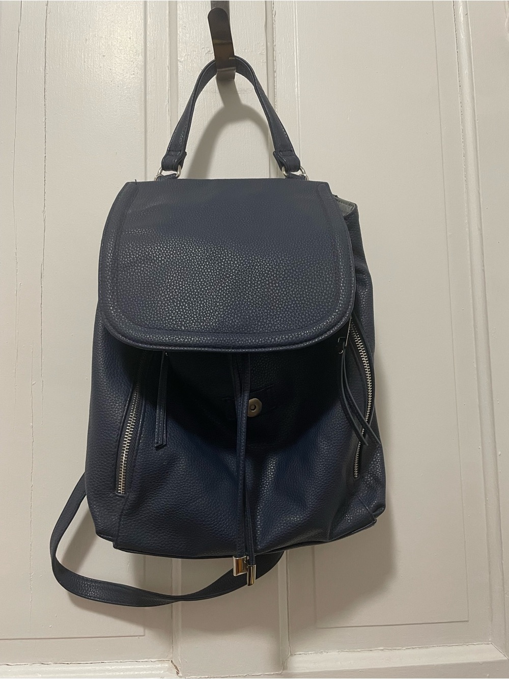Navy Blue Faux Leather Adjustable Top Handle Backpack